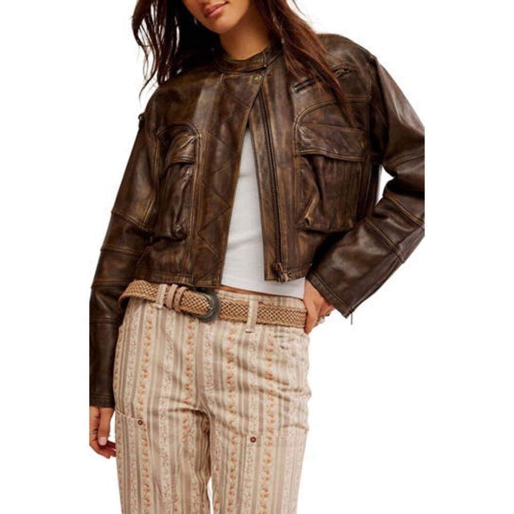 Brand New! Free People We the Free Adrienne Brown Leather Jacket Size Large
